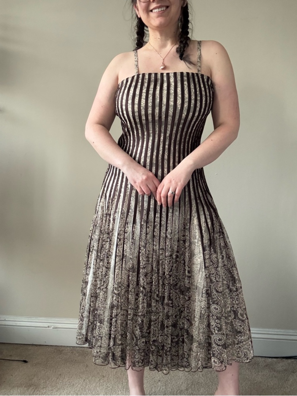 JS Collections Brown and Cream Striped Paisley Midi Dress